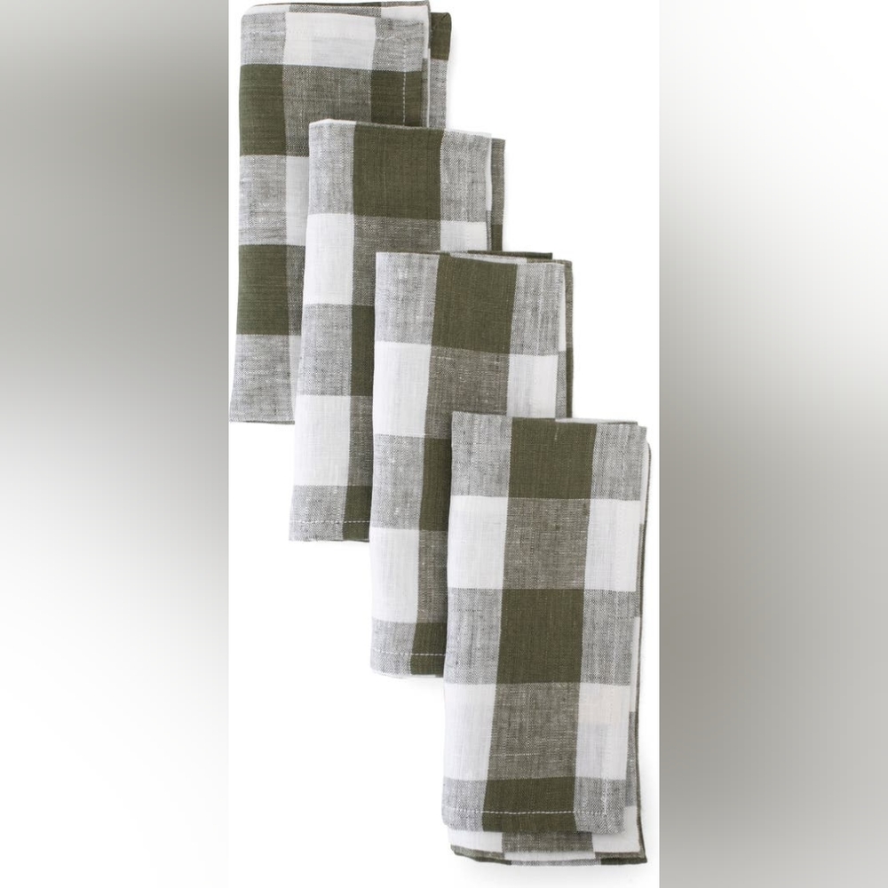 Nordstrom Heirloomed Gingham Check Olive Linen Napkins (set of 4)